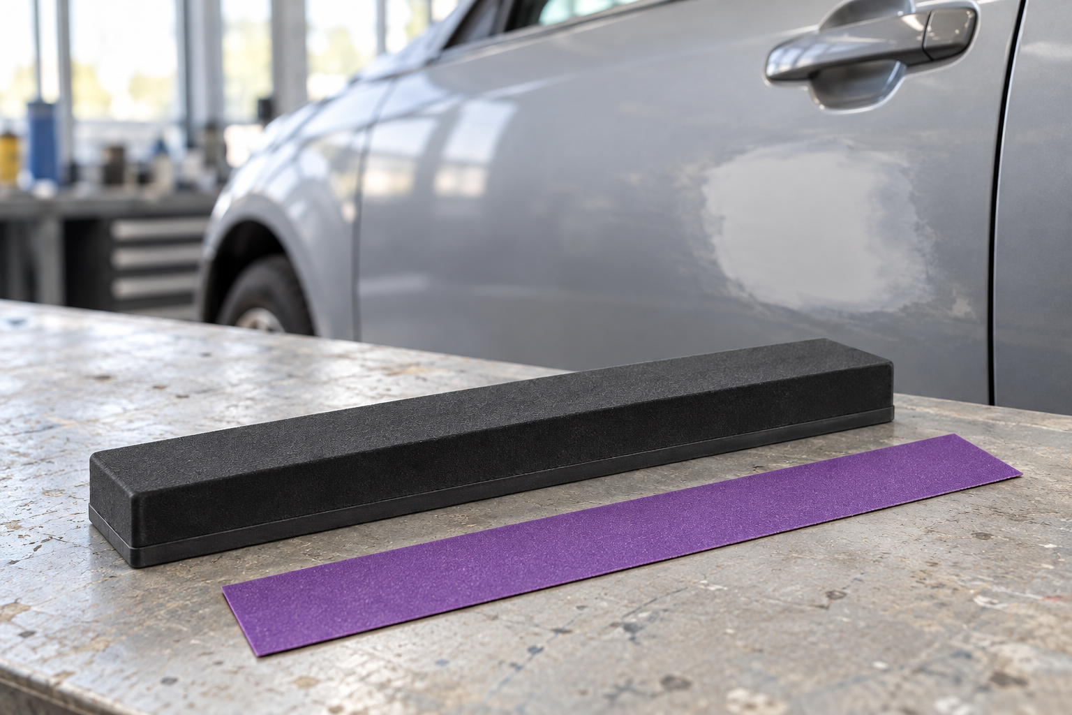 Tira morada Cubitron II junto a un taco rectangular en una mesa de taller